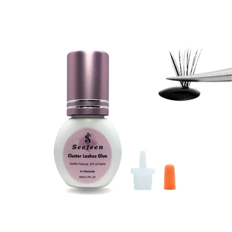 Black lash glue bottle with a fine nozzle and a fan of extensions held by tweezers